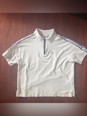 Lacoste White Zippered Polo with Navy Shoulder Tape